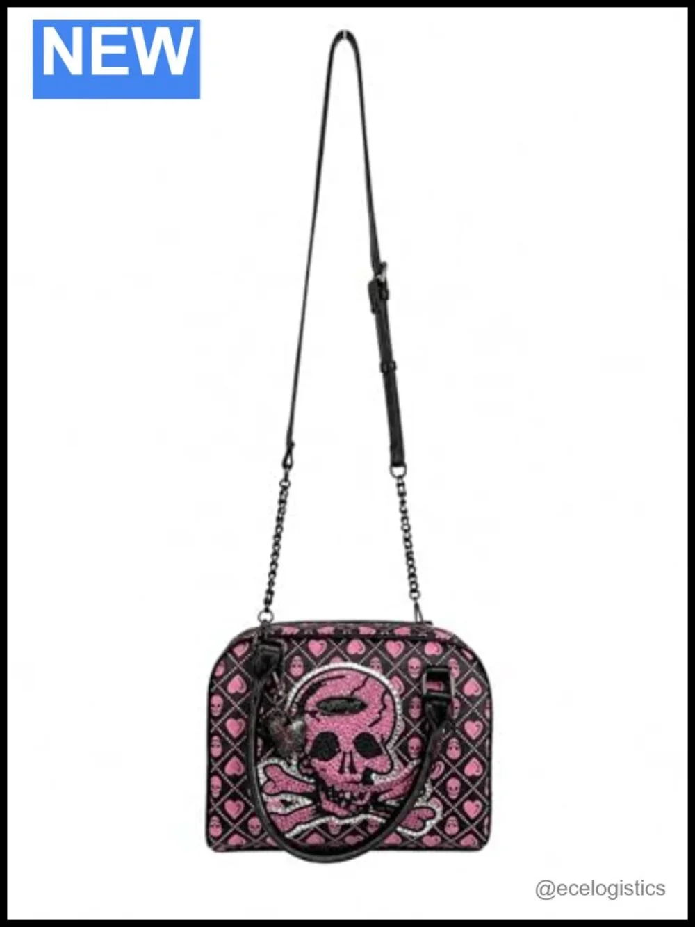 Satchel Crossbody Handbag with Rhinestone Skull Motif and Adjustable Strap